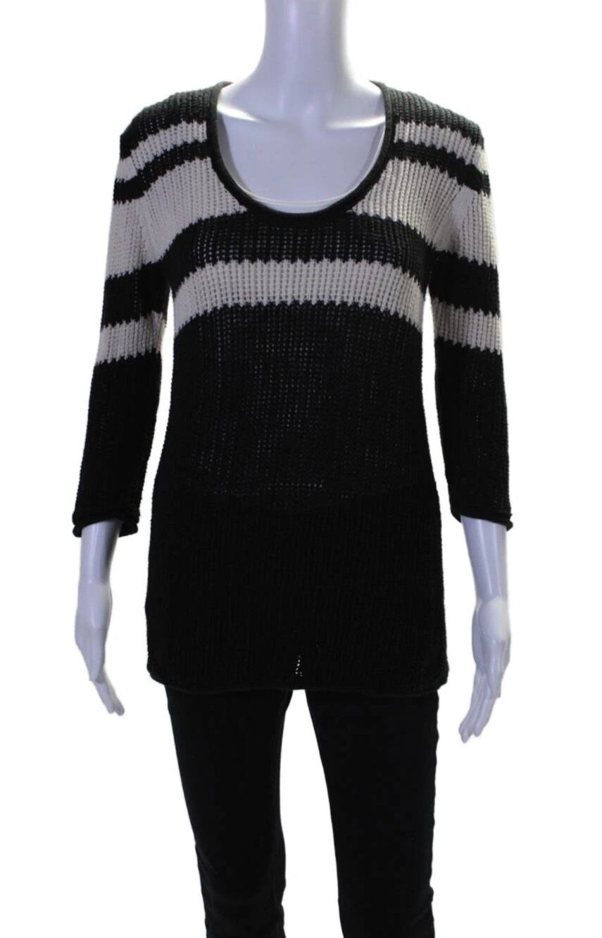 James Perse Black White Stripe Knit Tunic Sweater Size 2 Cotton Linen Open Weave